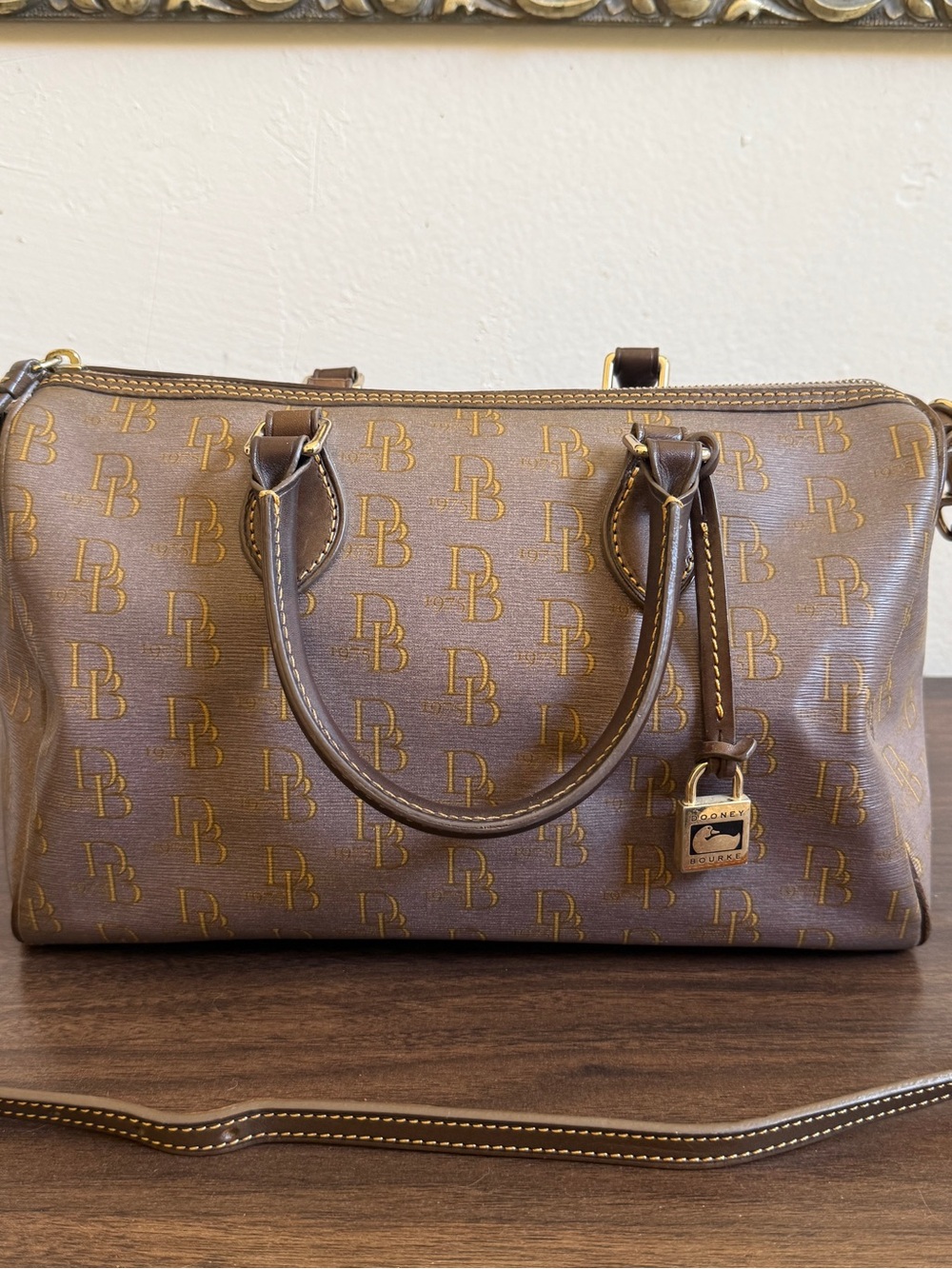 Dooney & Bourke Vintage Monogram Barrel Satchel Taupe Brown Crossbody Bag